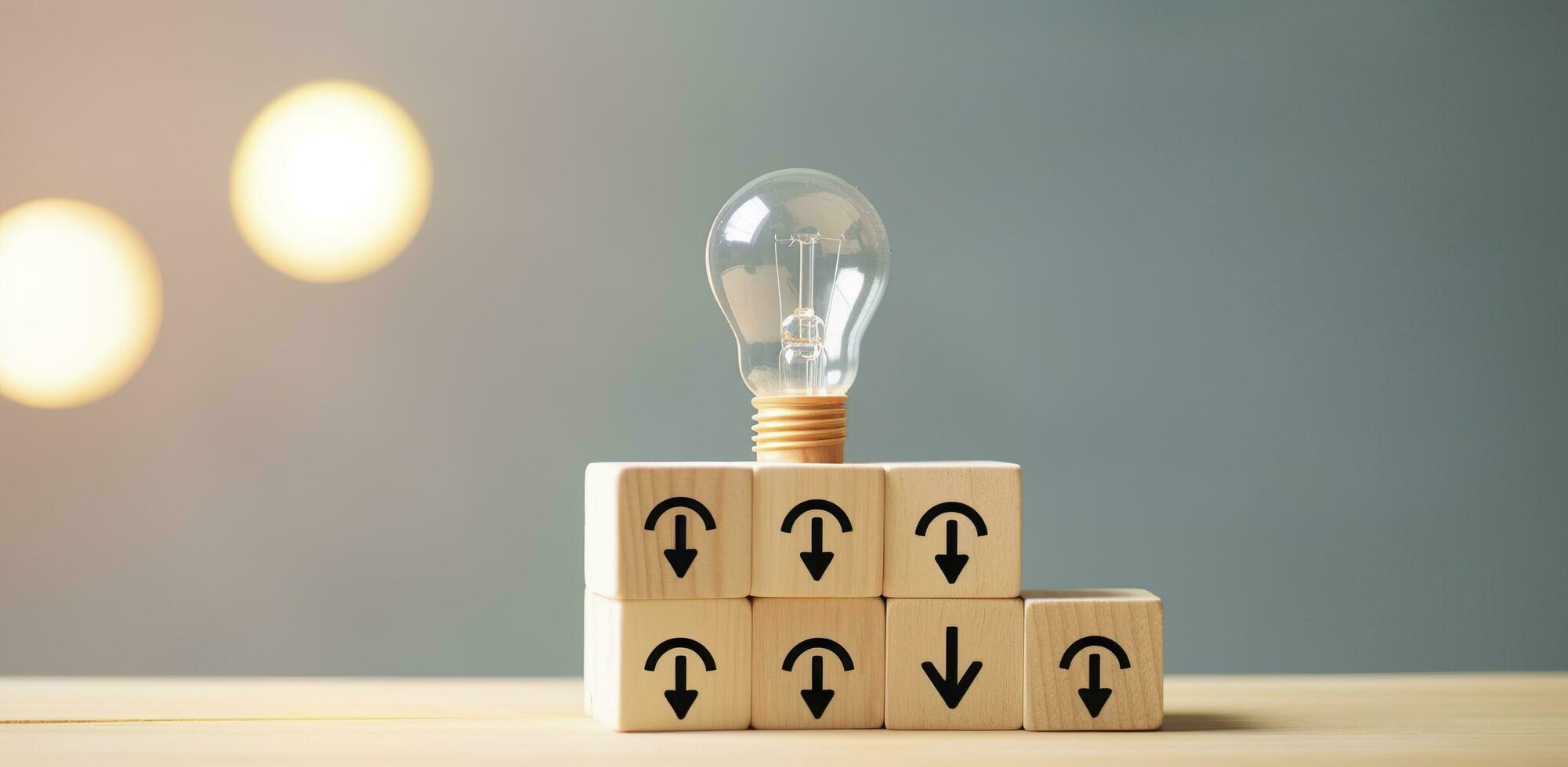 Creative idea, solution and innovation concept. Idea generation for business development. Wooden cube blocks with light bulb and cycle icons on clean background and copy space. AI Generative photo