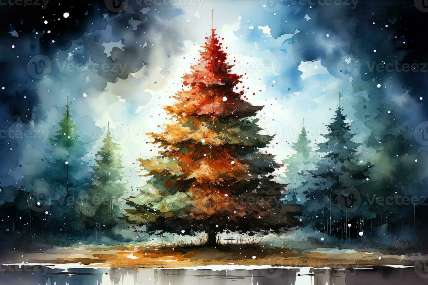 Winter picturesque watercolor landscape. Ai art photo