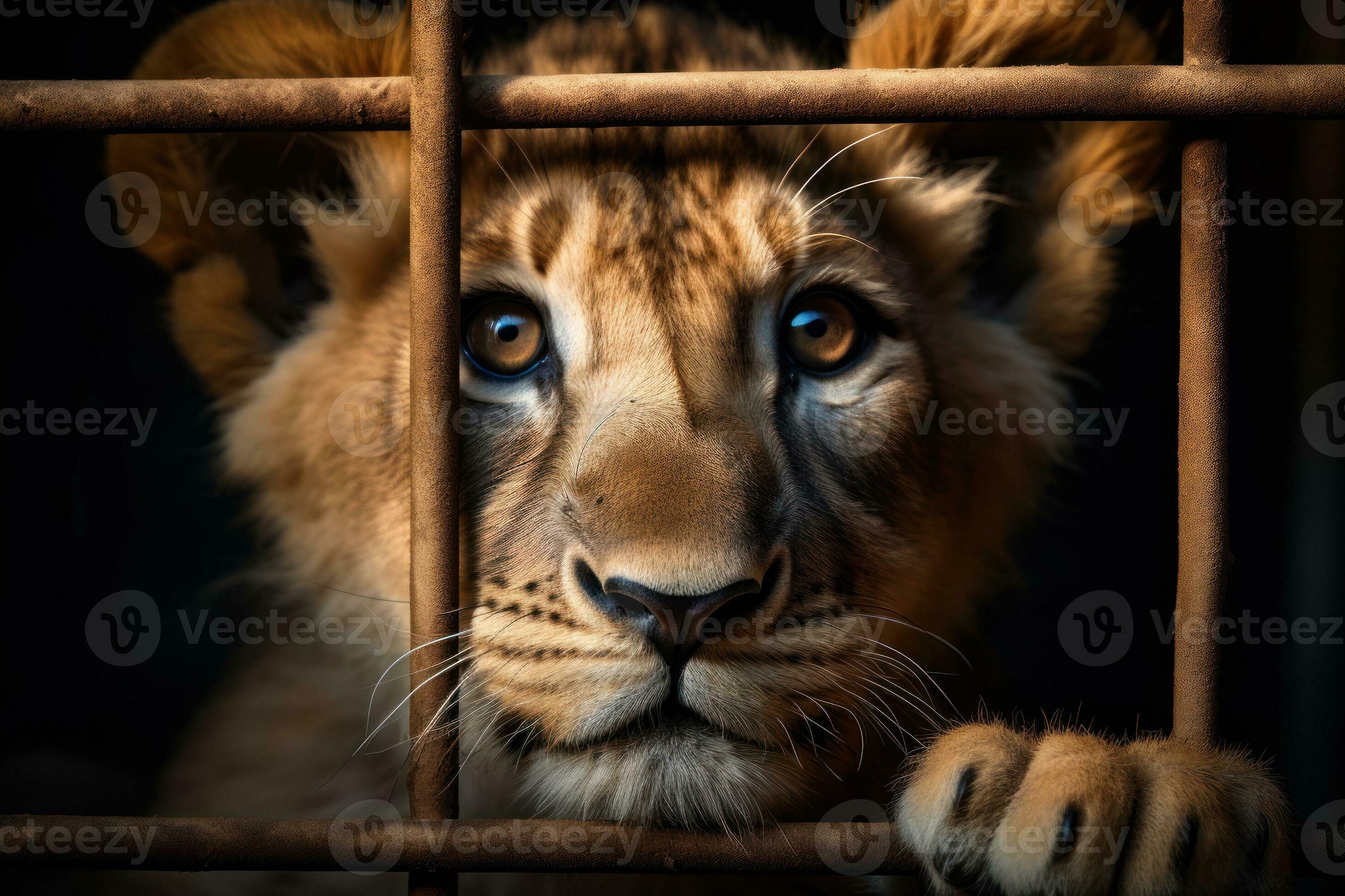 Little Lion cub locked in cage. Skinny lonely lion in cramped jail