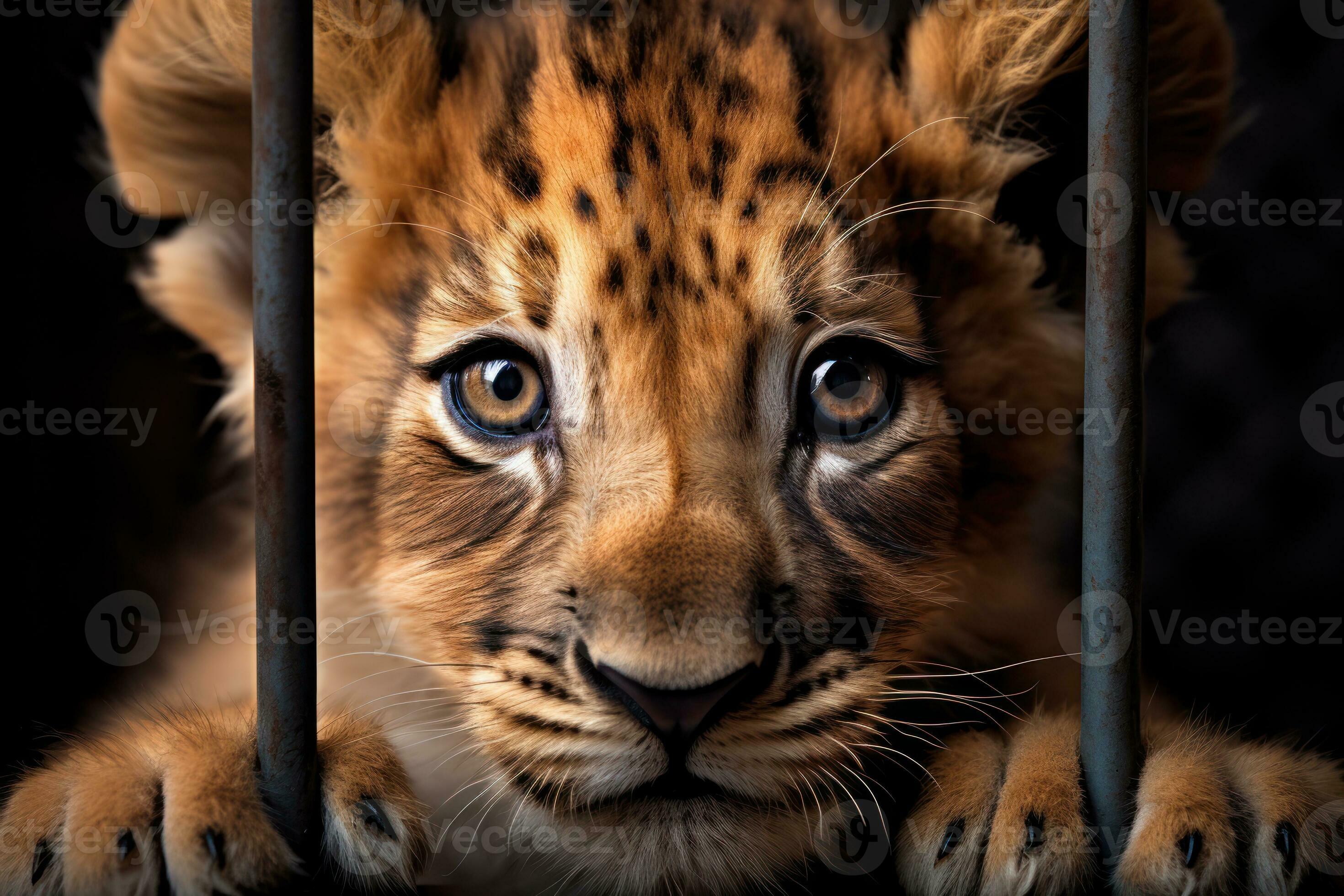 Little Lion cub locked in cage. Skinny lonely lion in cramped jail