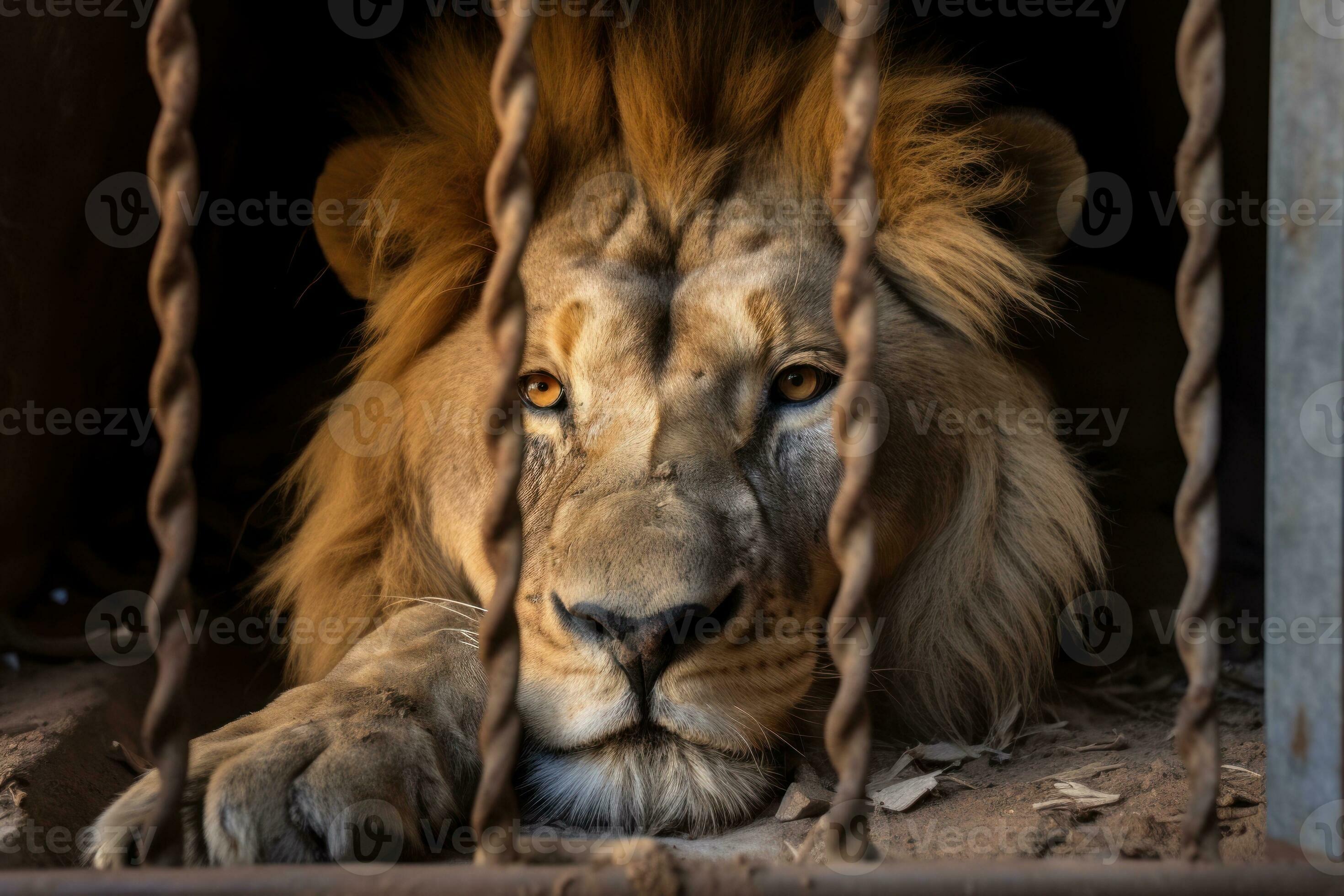 Lion locked in cage. Emaciated, skinny lonely lion in cramped jail