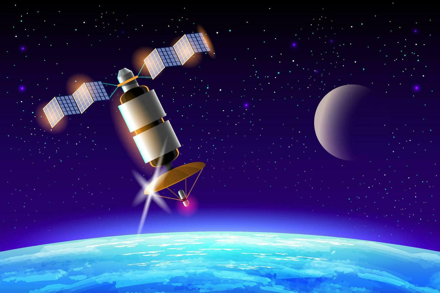 Artificial satellites orbiting the planet Earth in outer space isolated on dark background. Cartoon style vector illustration.