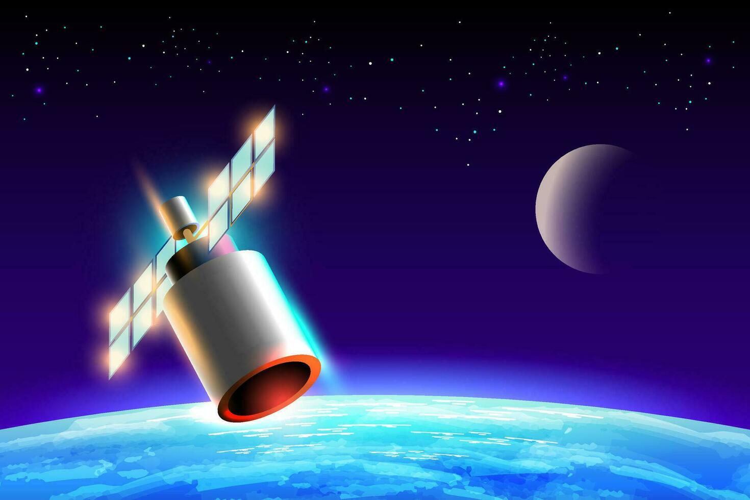 Artificial satellites orbiting the planet Earth in outer space isolated on dark background. Cartoon style vector illustration.