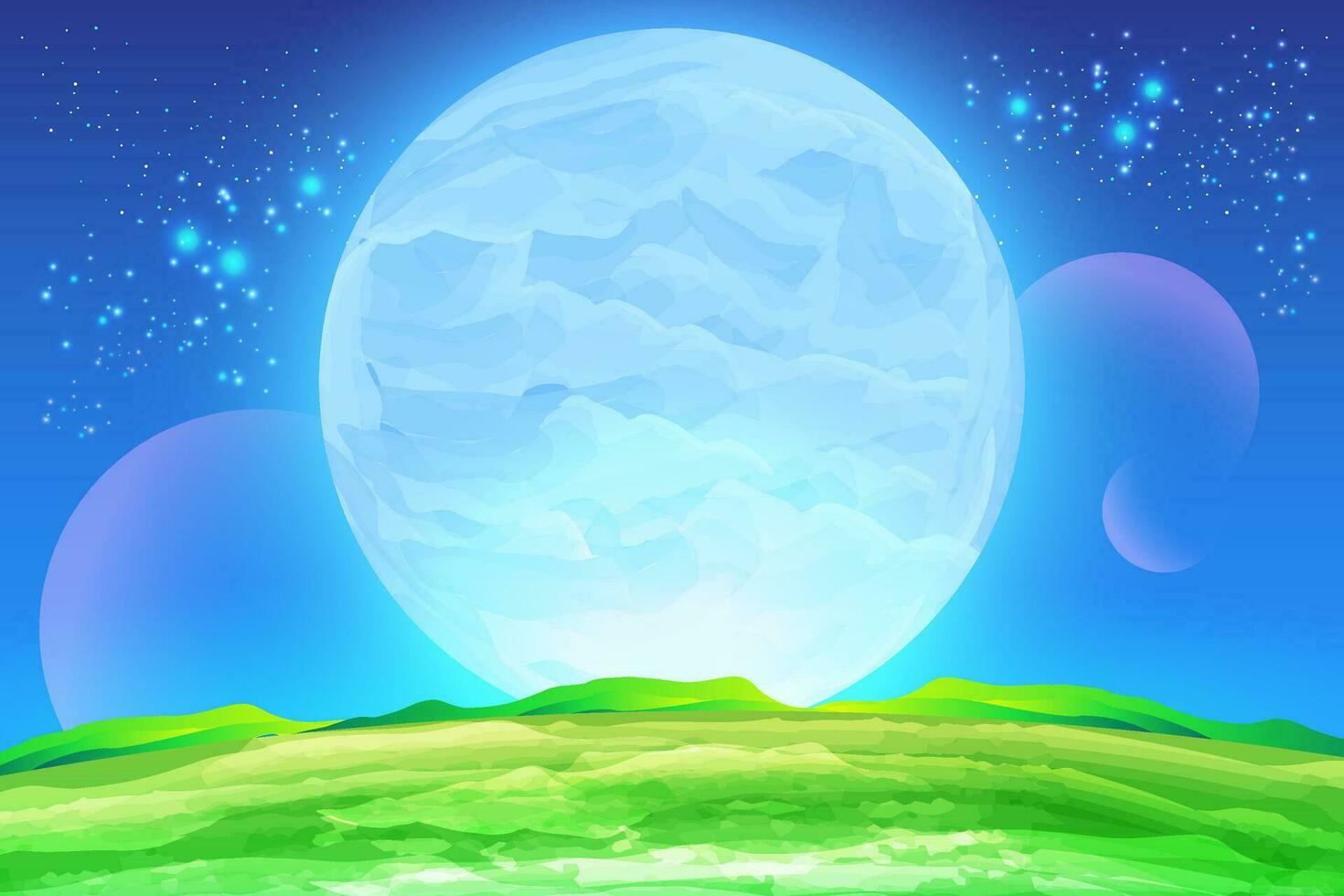 Planets in space with meteor satellites and asteroids in dark starry sky, earth,  galaxy, cosmos, universe, futuristic fantasy view background for computer game. cartoon vector illustration