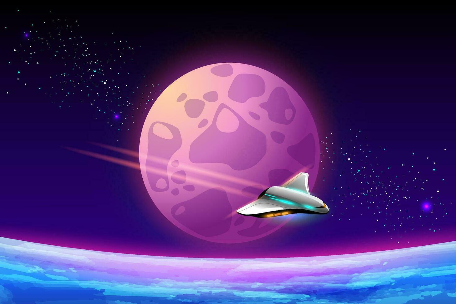 Spaceship flying above planet in space. Universe and galaxy exploration, future science concept with alien planet landscape and futuristic shuttle, vector cartoon illustration