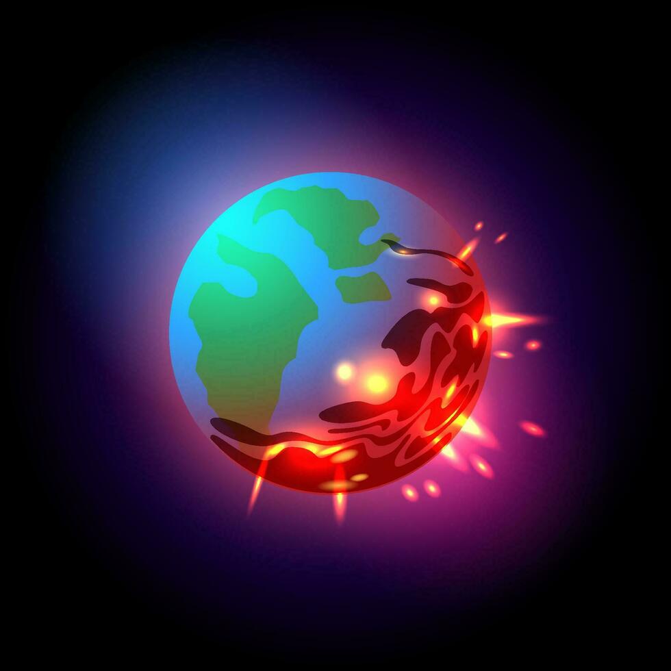 Comet exploding earth on dark starry sky background. Cartoon vector illustration