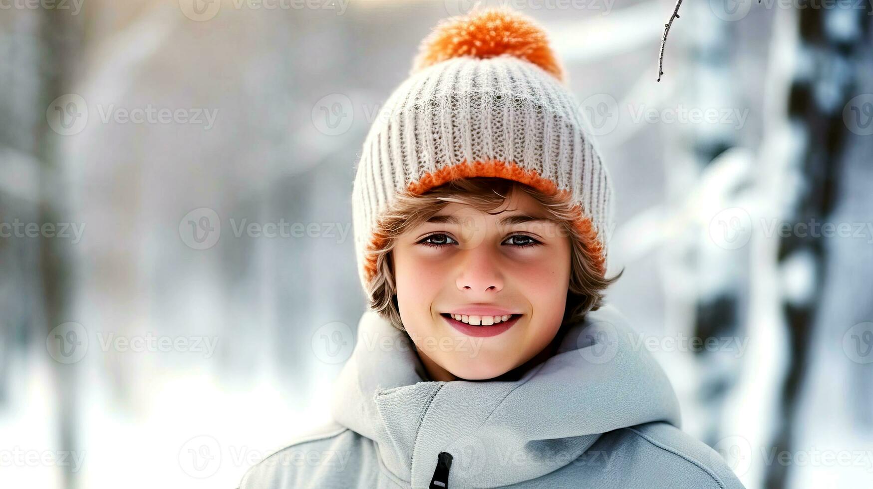 Young skier in a knitted hat with a pompom stands against the backdrop of a winter landscape and smiles. AI generated. photo