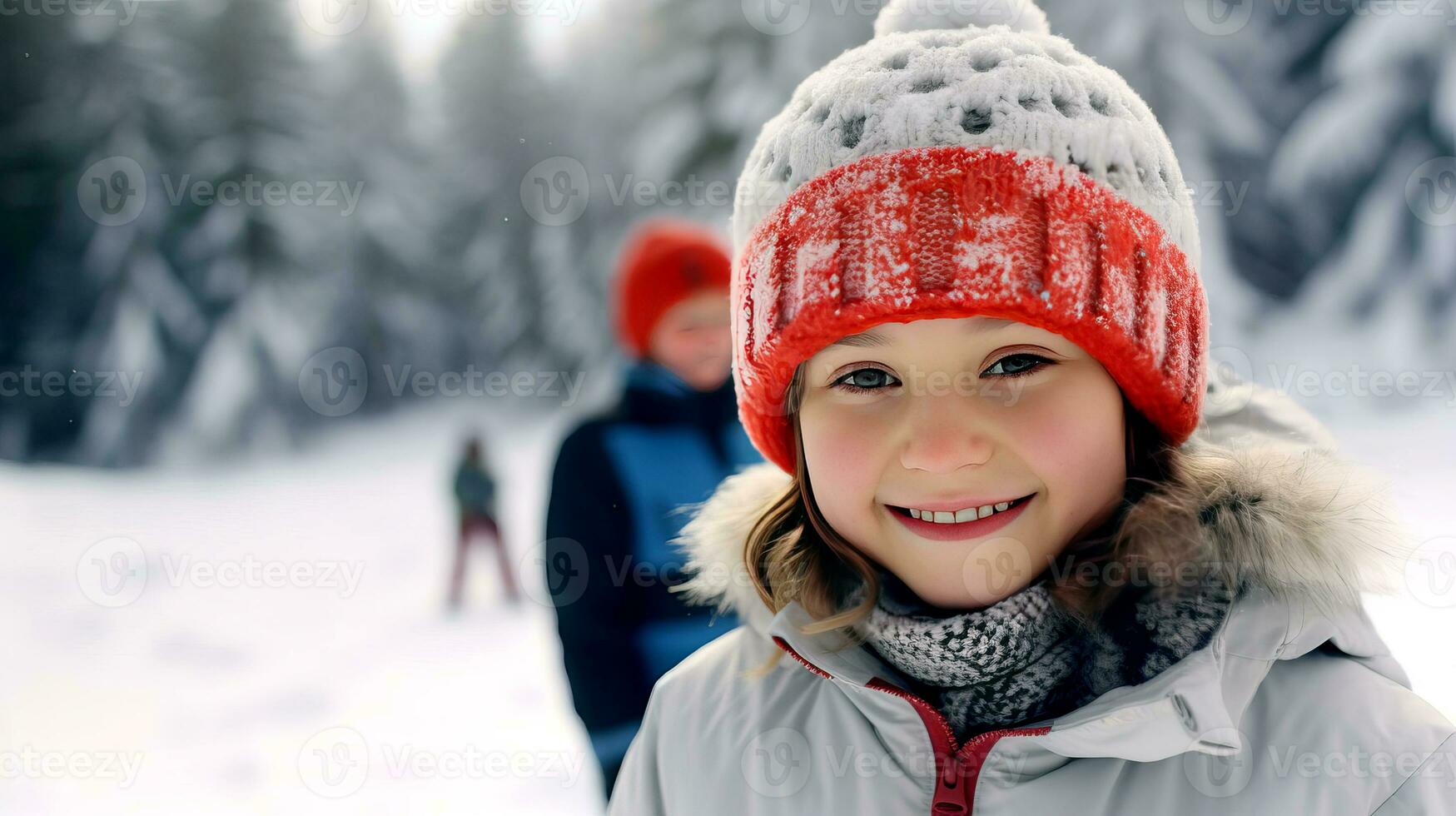 Young skier in a knitted hat with a pompom stands against the backdrop of a winter landscape and smiles. AI generated. photo