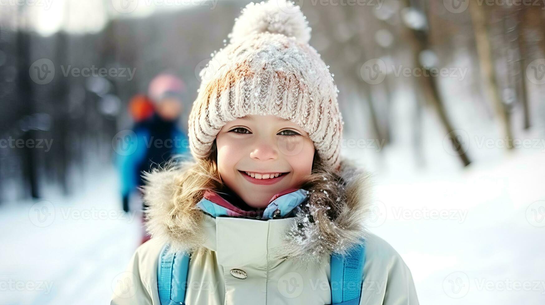 Young skier in a knitted hat with a pompom stands against the backdrop of a winter landscape and smiles. AI generated. photo