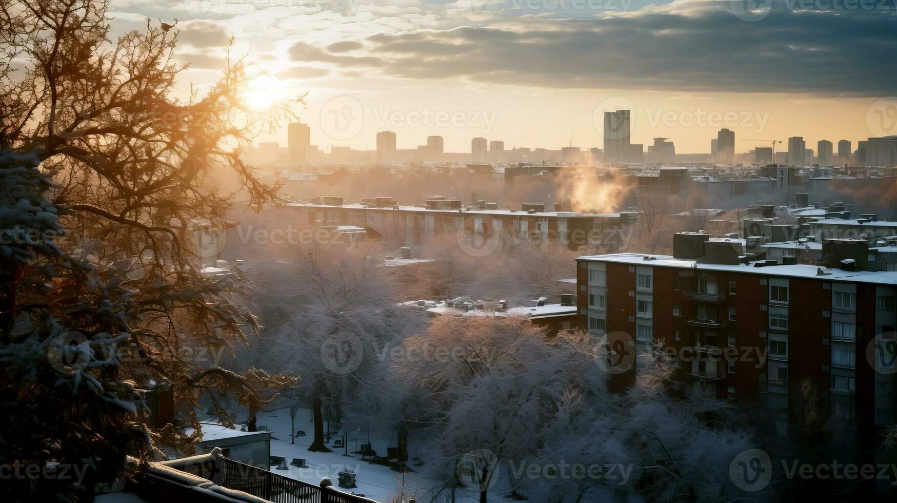 invierno ciudad paisaje a amanecer. ai generado foto