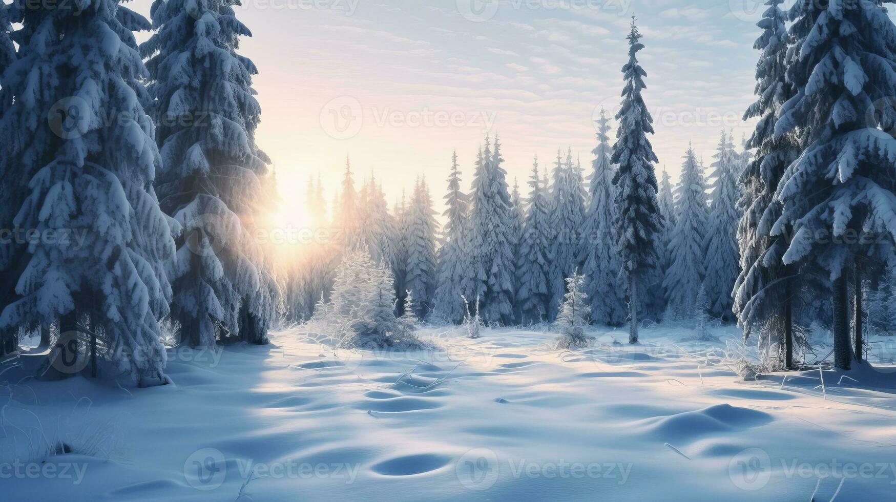 Winter forest landscape with snow-covered fir trees. AI generated. photo