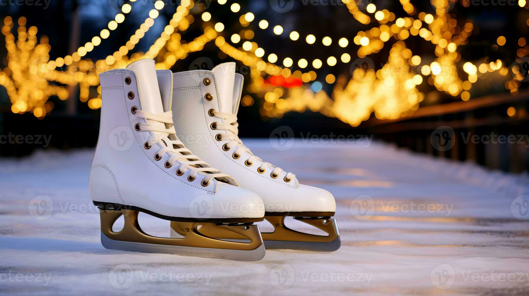 A pair of white skates against the backdrop of an ice skating rink and illumination. AI generated. photo