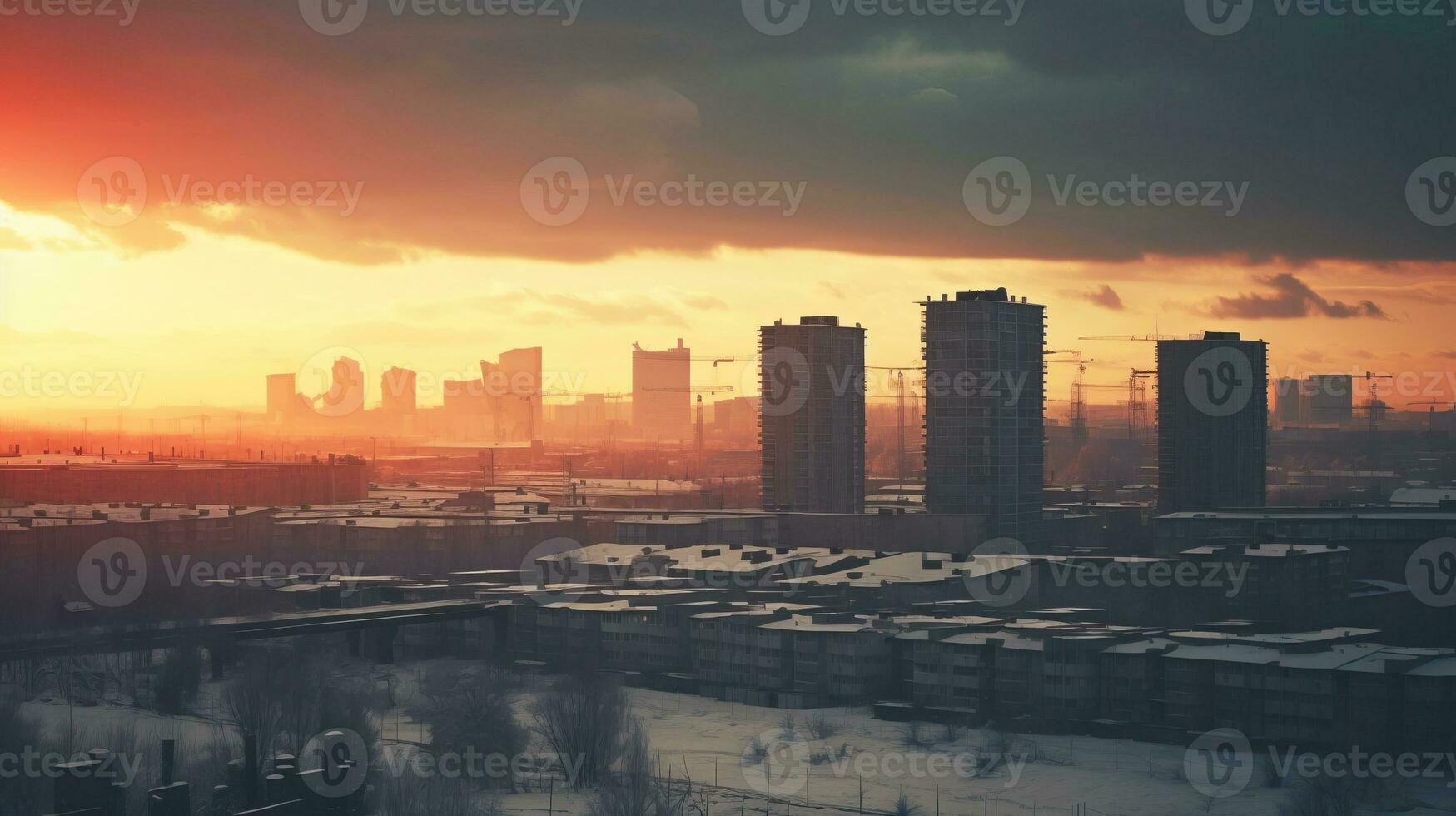 Winter city landscape at dawn. AI generated photo