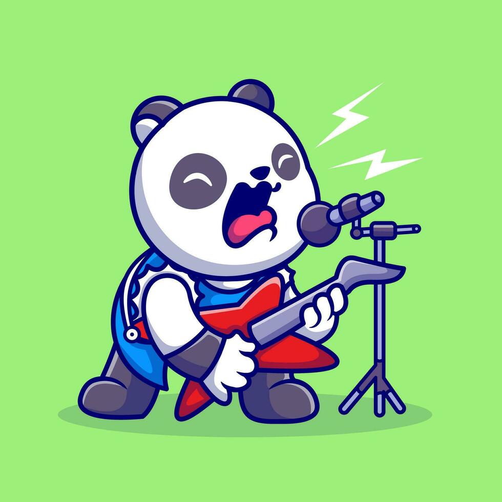 Cute Panda Rocker With Guitar Cartoon Vector Icon Illustration.  Animal Music Icon Concept Isolated Premium Vector. Flat Cartoon  Style
