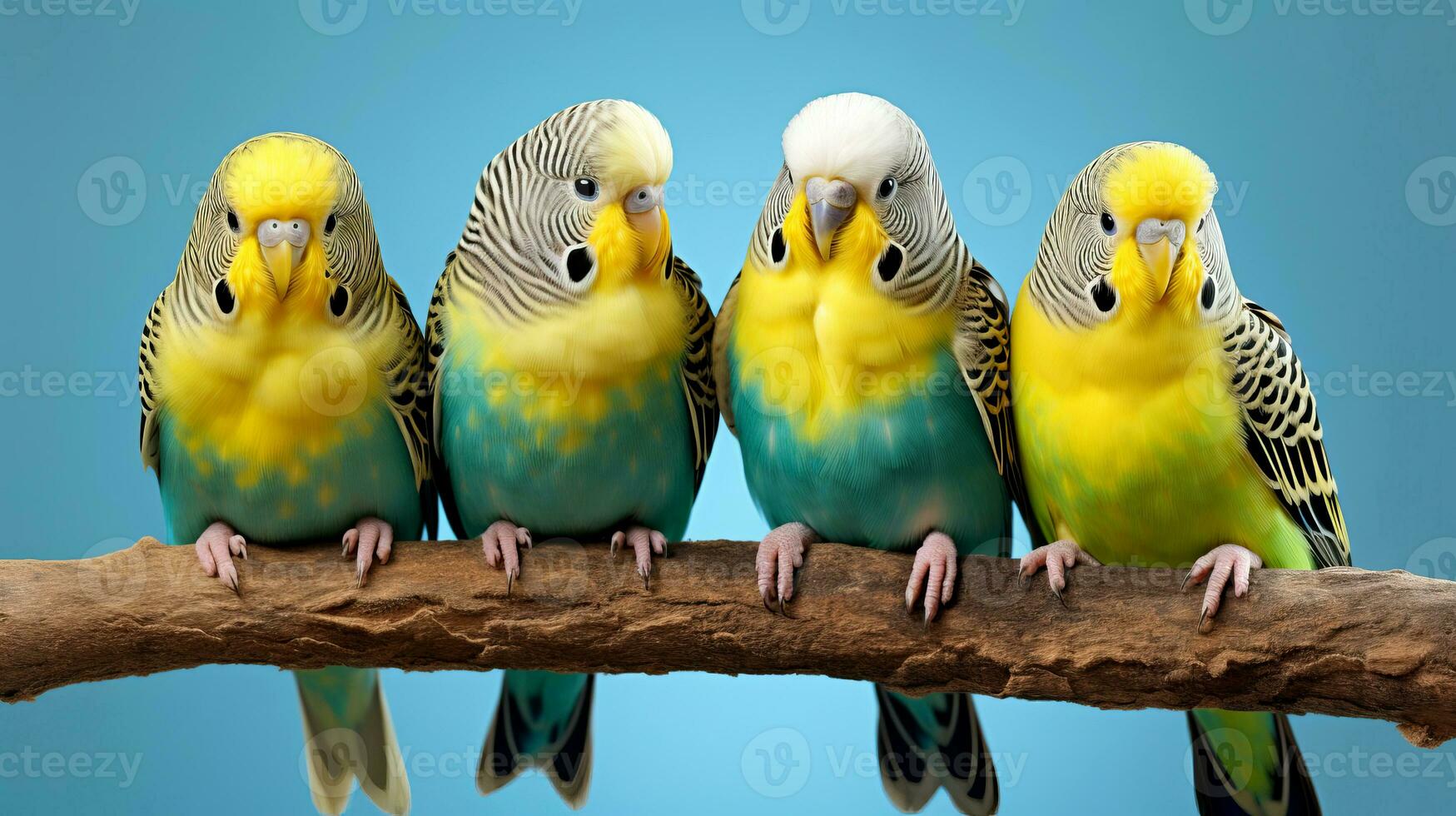 Close-up of four cute tame budgies sitting side by side. AI generated. photo