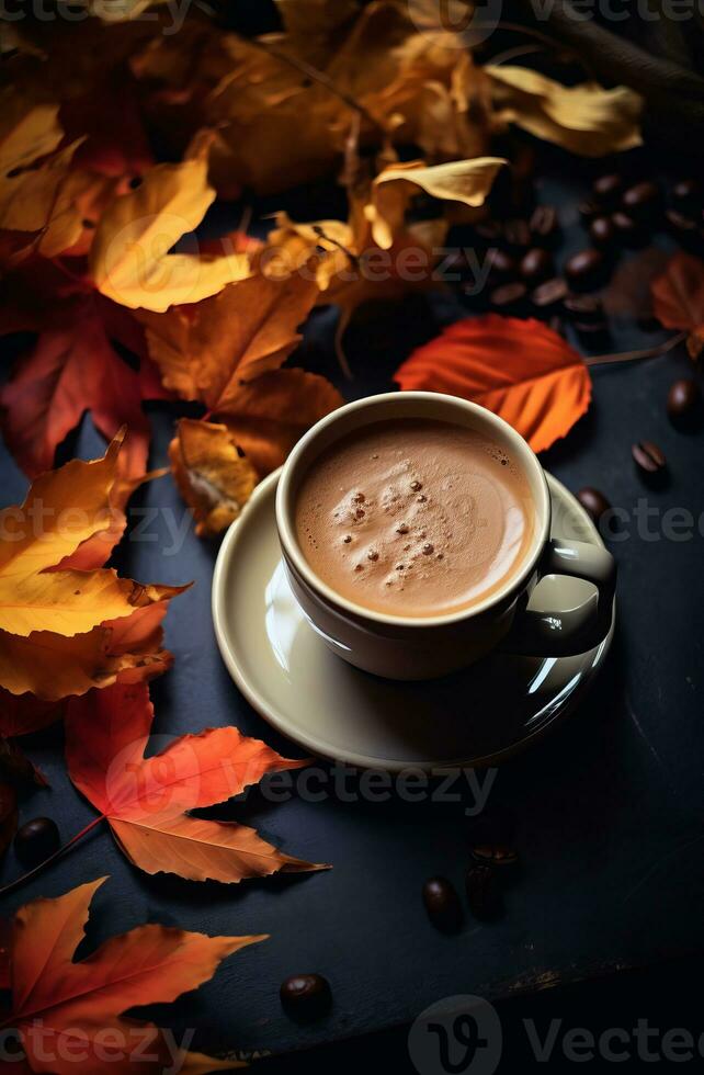 ai generado otoño café con otoño hojas en un de madera antecedentes. foto