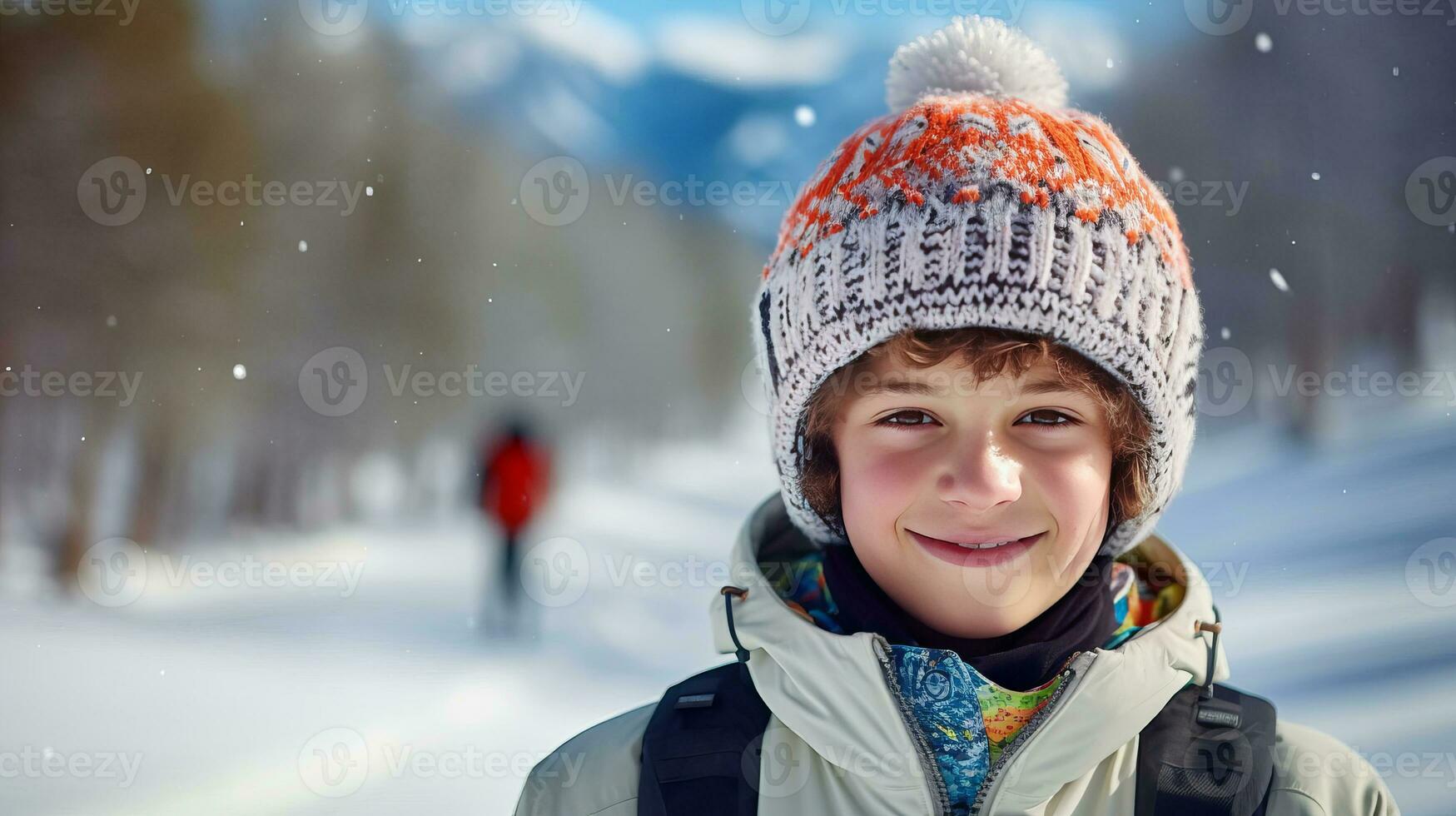 Young skier in knitted hatstands against the backdrop of winter landscape and smiles. AI generated. photo