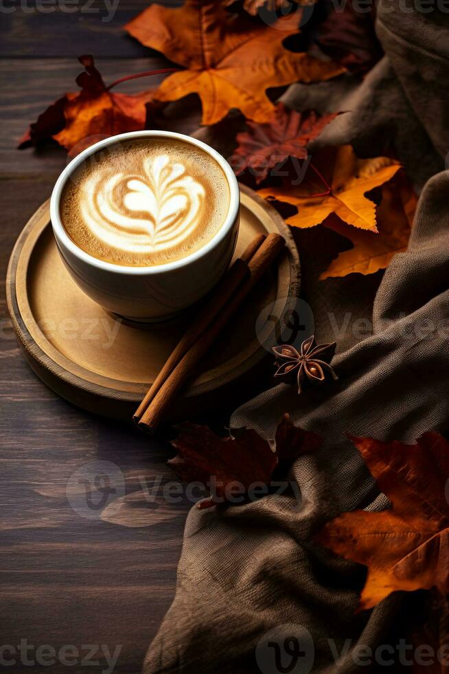 AI Generated Autumn coffee with autumn leaves on a wooden background. photo
