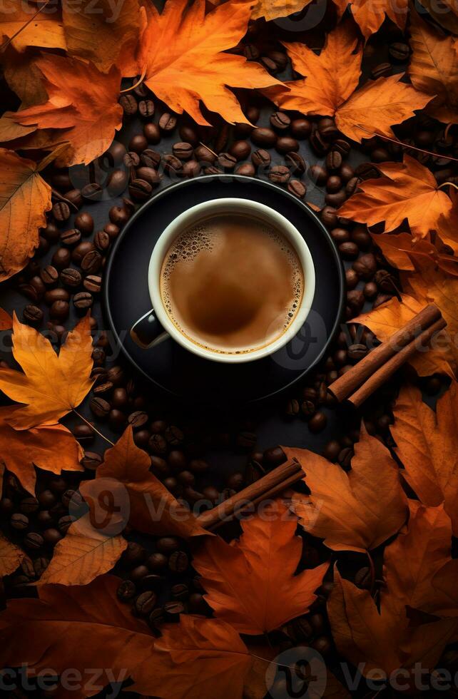 ai generado otoño café con otoño hojas en un de madera antecedentes. foto