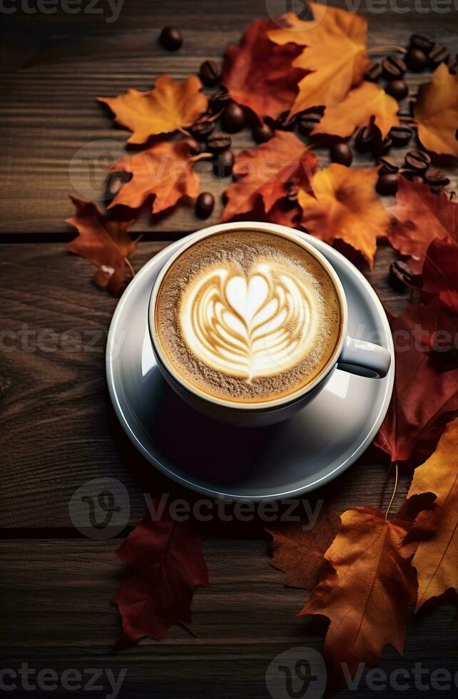 ai generado otoño café con otoño hojas en un de madera antecedentes. foto