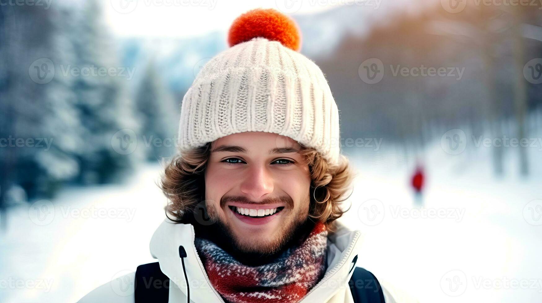Young skier in knitted hatstands against the backdrop of winter landscape and smiles. AI generated. photo