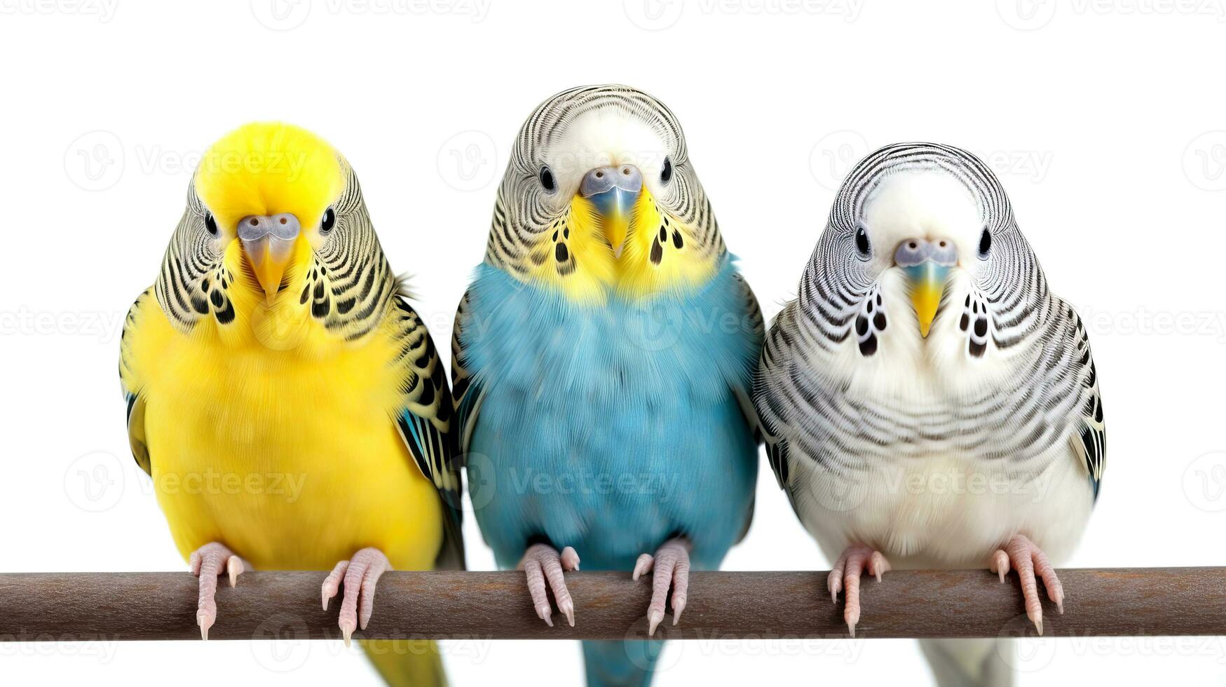 Close-up of three cute tame budgies sitting on a perch. AI generated. photo