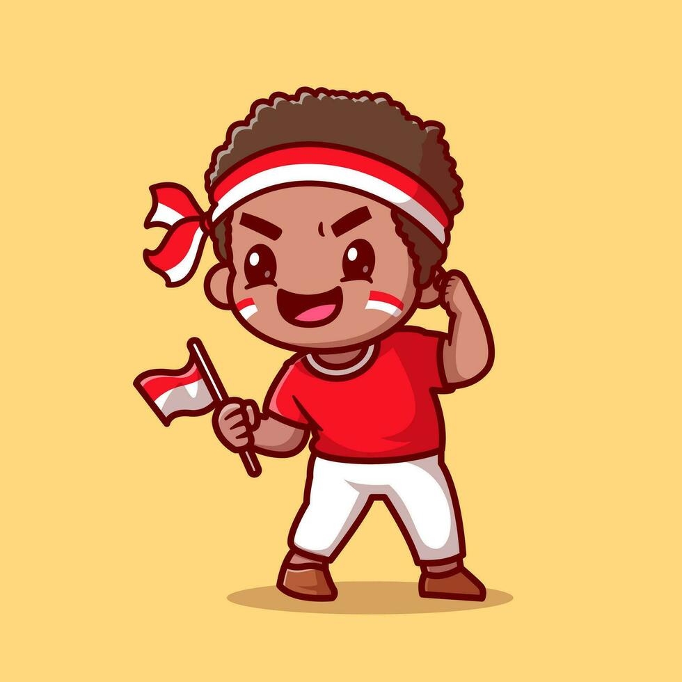 Cute Boy Holding Indonesian Flag Cartoon Vector Icon Illustration.  People Holiday Icon Concept Isolated Premium Vector. Flat Cartoon  Style