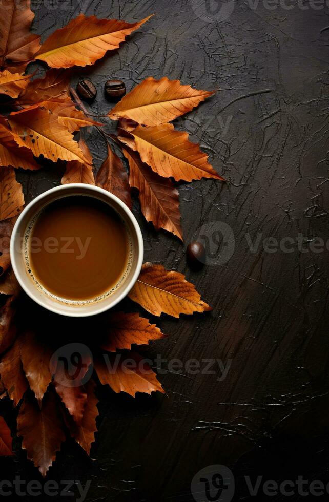 ai generado otoño café con otoño hojas en un de madera antecedentes. foto