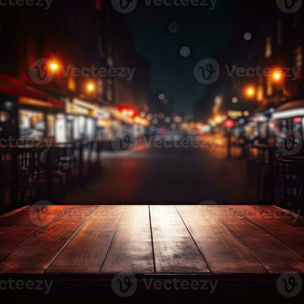 Dark empty wooden table and blurred cafe background front view ai generative photo