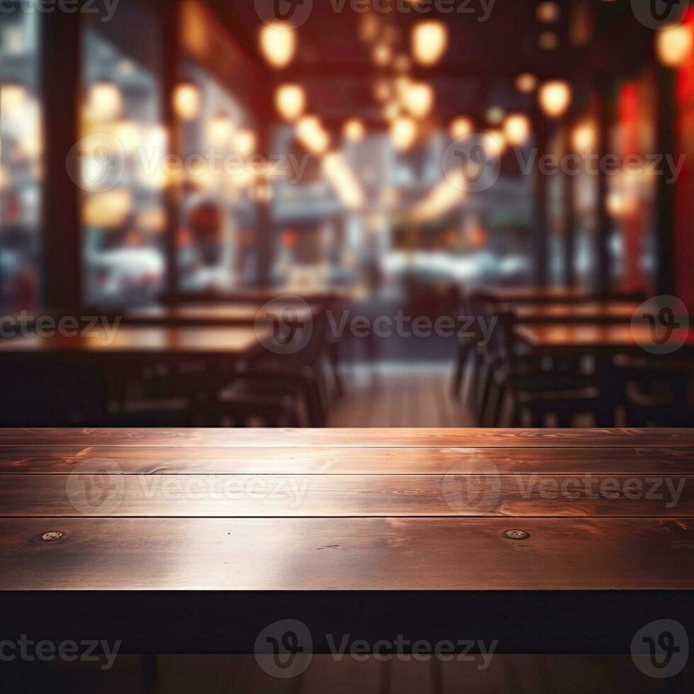Dark empty wooden table and blurred cafe background front view ai generative photo