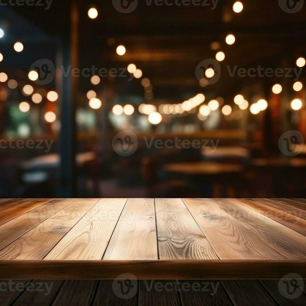 Dark empty wooden table and blurred cafe background front view ai generative photo