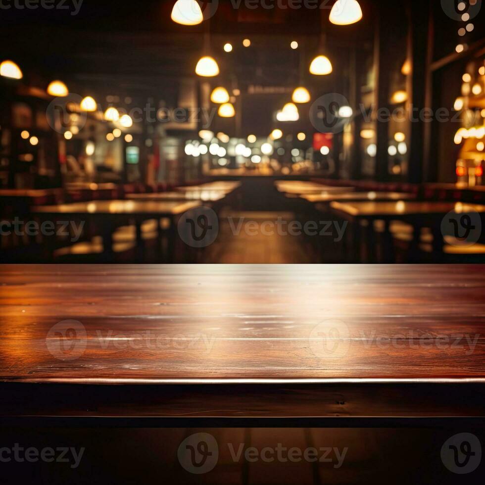 Dark empty wooden table and blurred cafe background front view ai generative photo