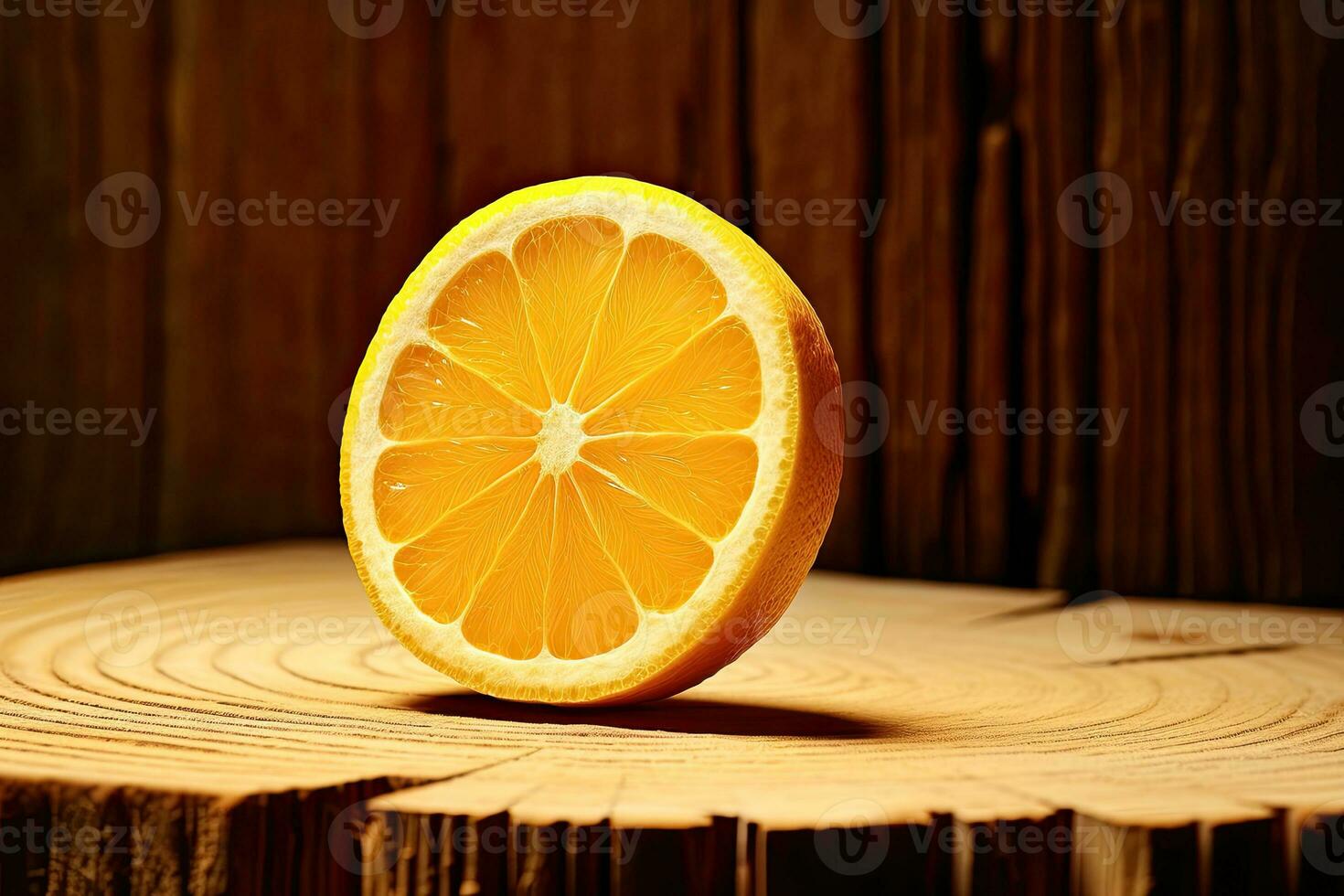 A lemon slice on a wooden table in the style of organic nature, front view background ai generative photo