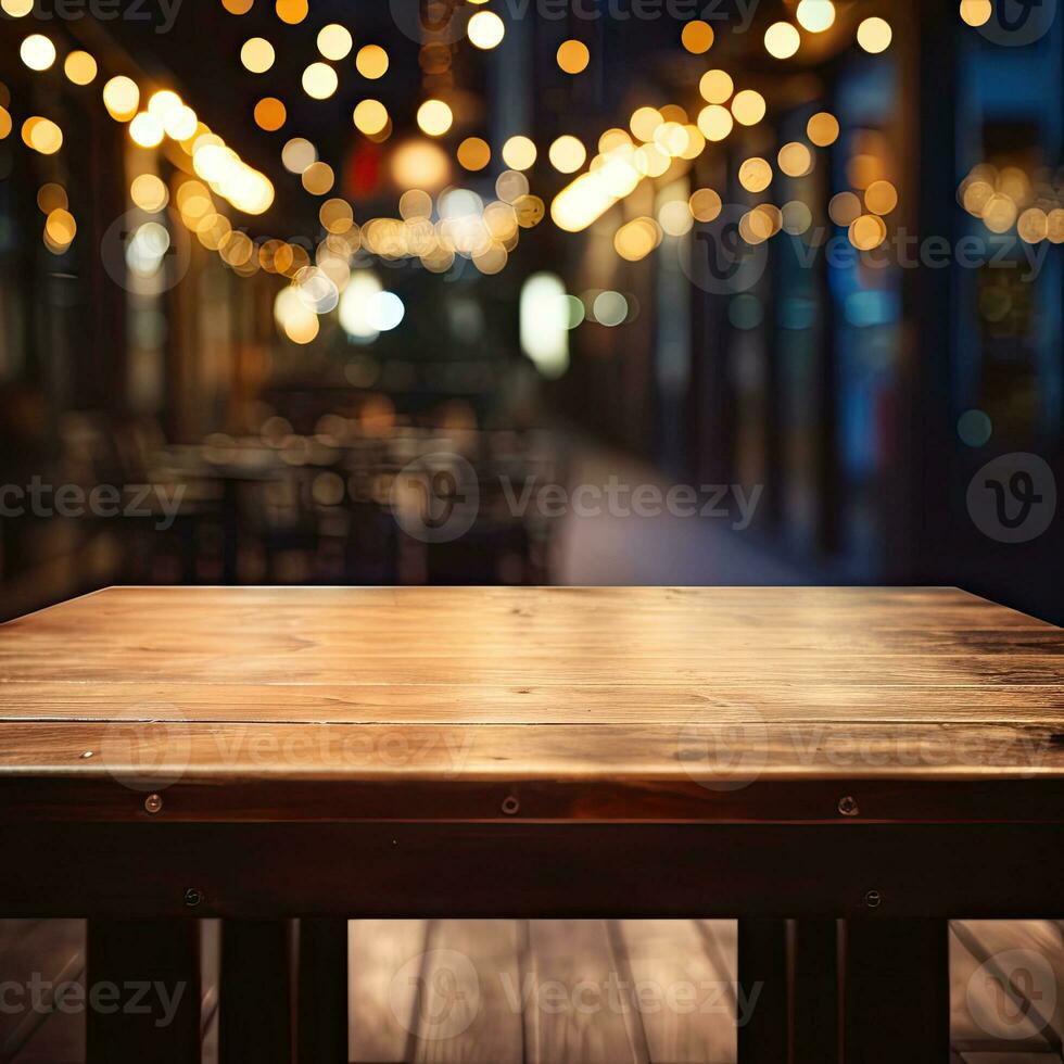 oscuro vacío de madera mesa y borroso café antecedentes frente ver ai generativo foto