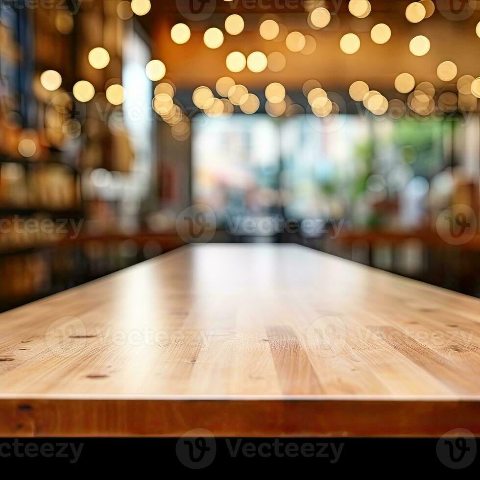 Dark empty wooden table and blurred cafe background front view ai generative photo