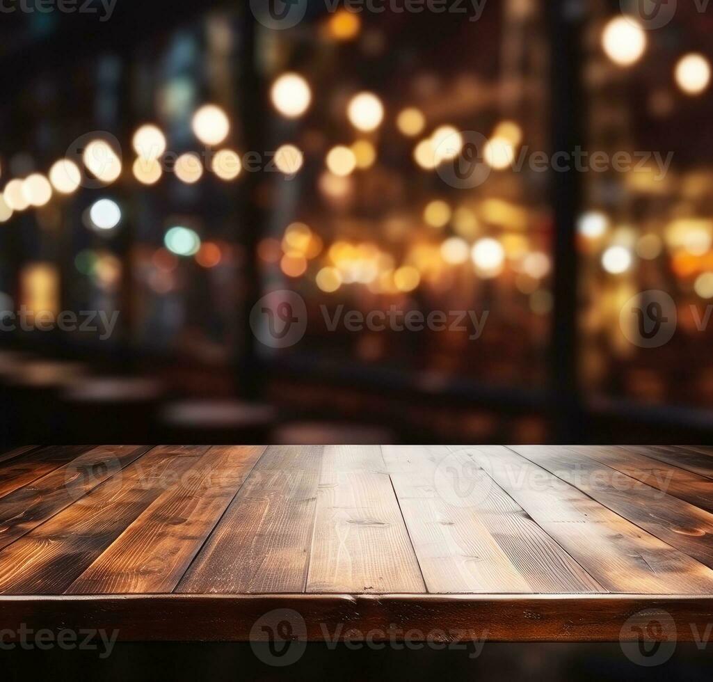 Dark empty wooden table and blurred cafe background front view ai generative photo