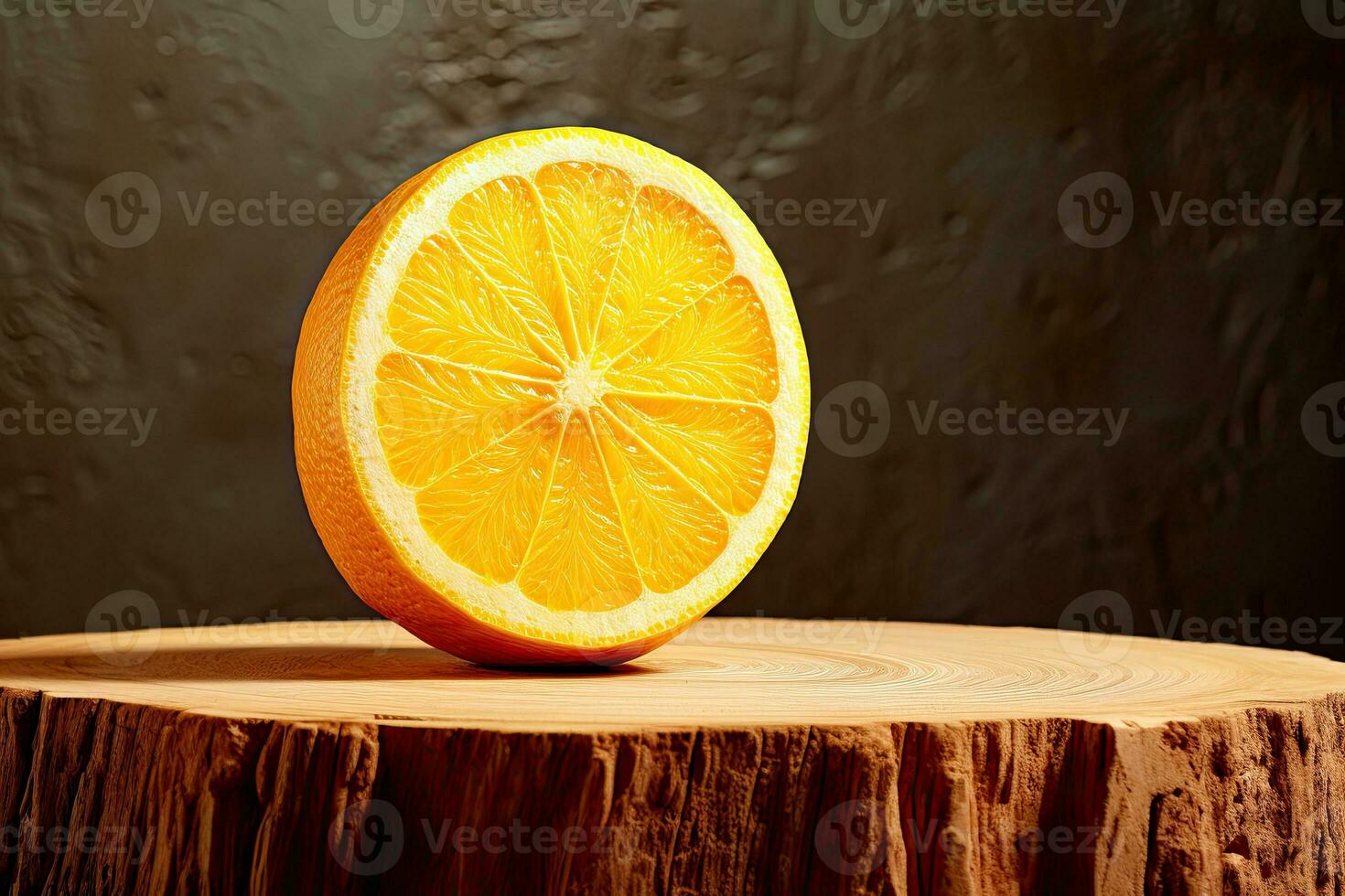 un limón rebanada en un de madera mesa en el estilo de orgánico naturaleza, frente ver antecedentes ai generativo foto