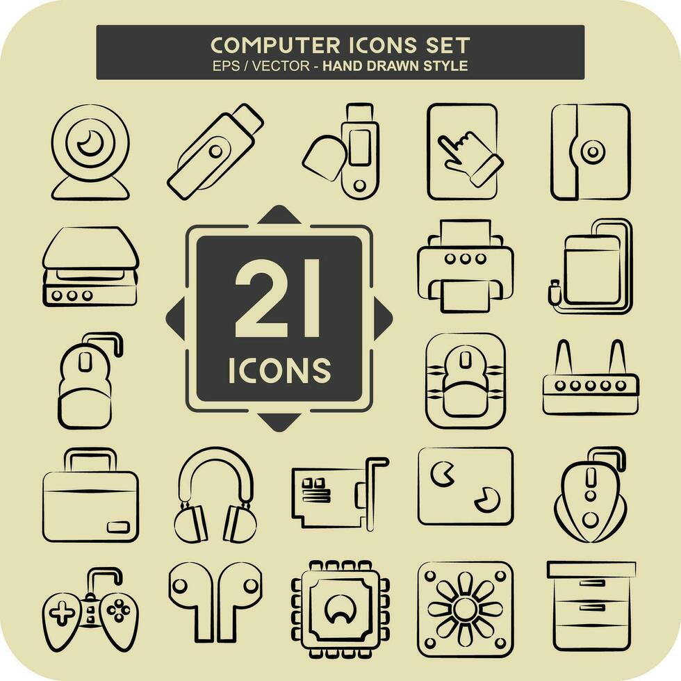 Icon Set Computer. related to Computer Hardware symbol. hand drawn style. simple design editable. simple illustration vector