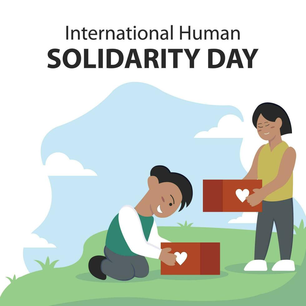 illustration vector graphic of a couple was carrying a donation box in the park, perfect for international day, human solidarity day, celebrate, greeting card, etc.