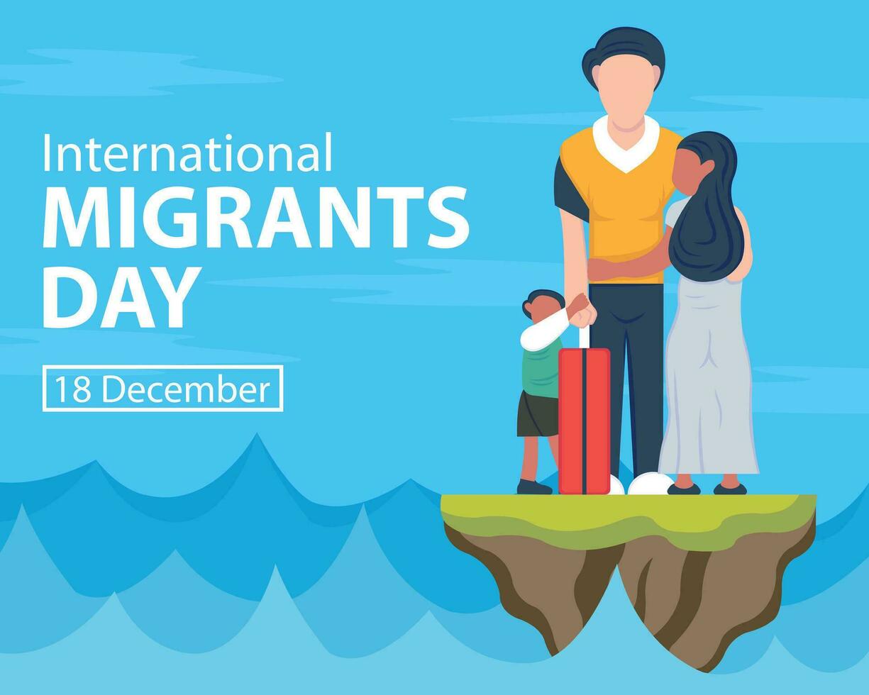 illustration vector graphic of a family was standing on a small piece of land, showing the waves of the ocean, perfect for international day, international migrants day, celebrate, greeting card, etc.