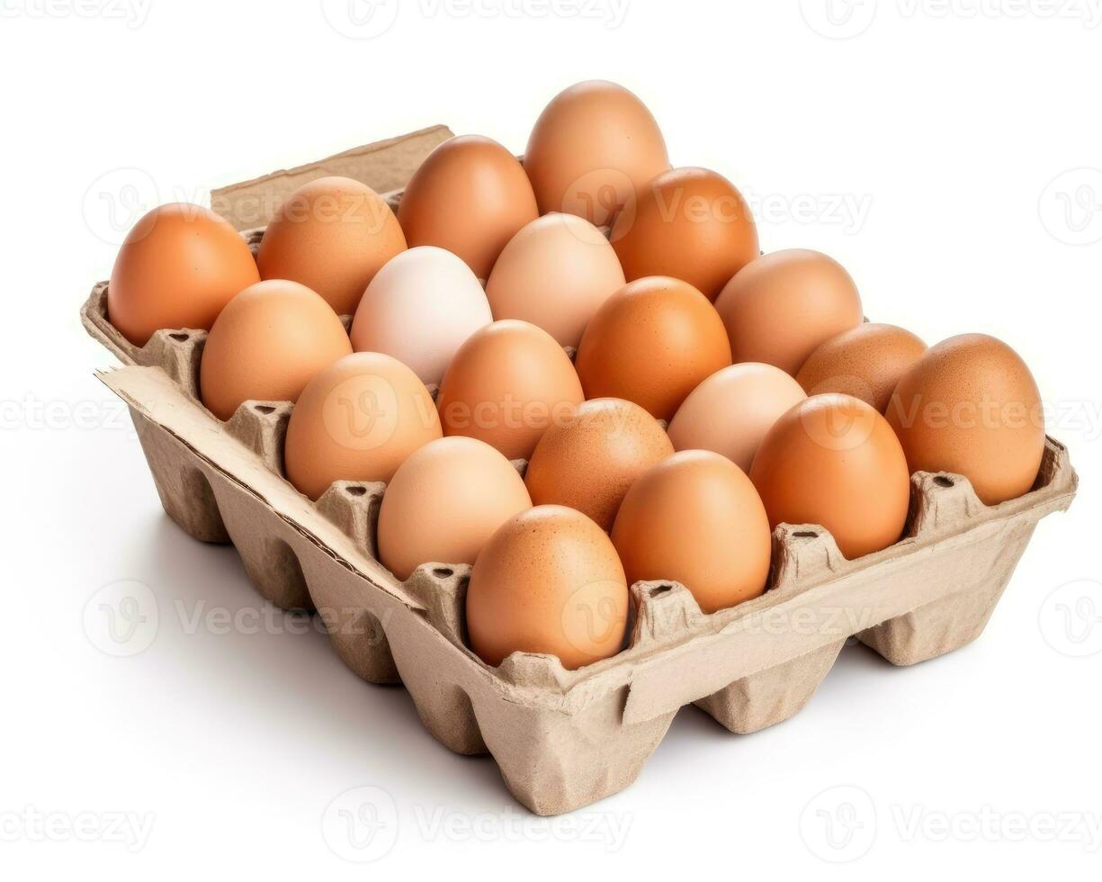 Pack of 20 beige eggs cardboard box with white isolated front view background ai generated photo