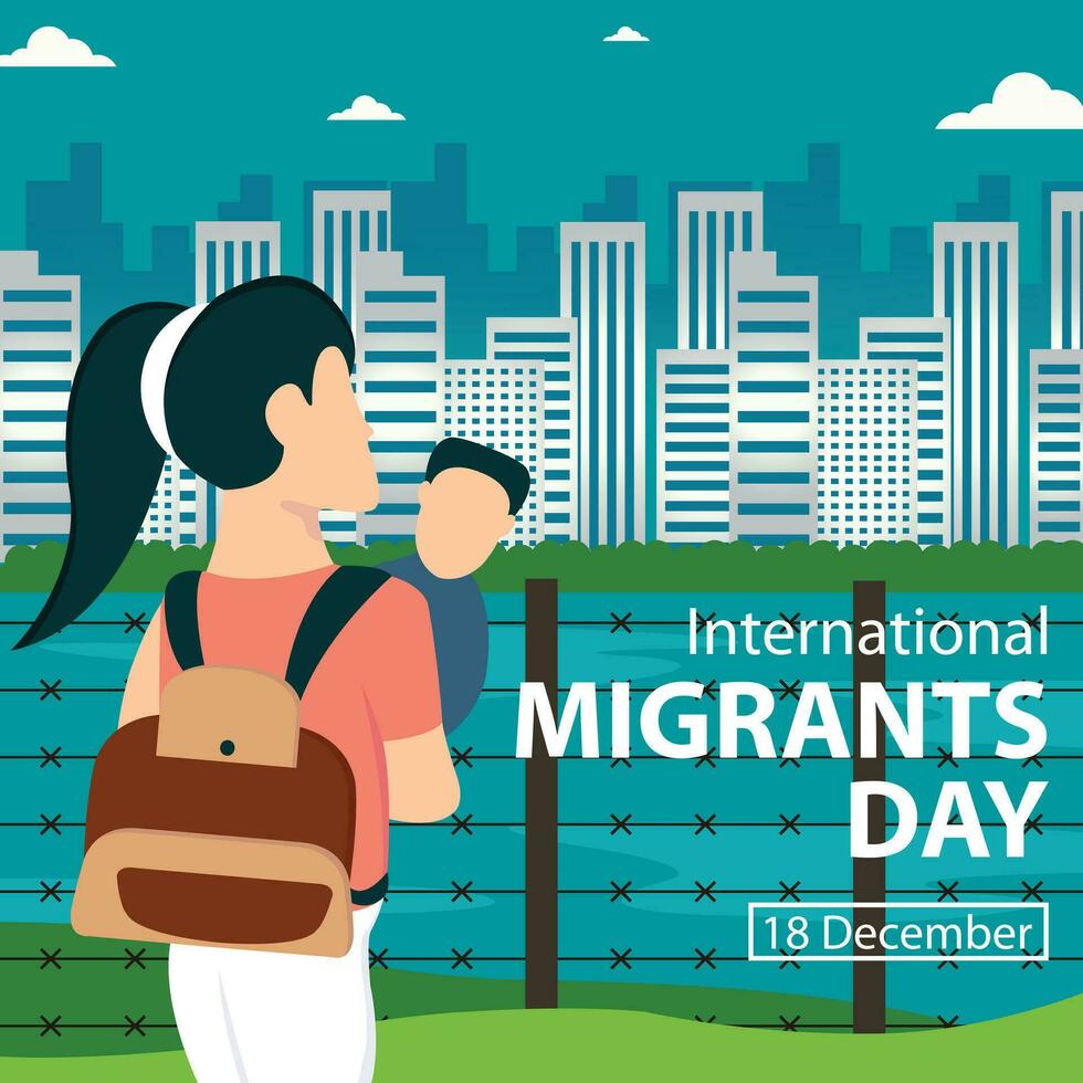 ilustración vector gráfico de un madre y su niño llegado a el ciudad borde, Perfecto para internacional día, internacional migrantes día, celebrar, saludo tarjeta, etc.