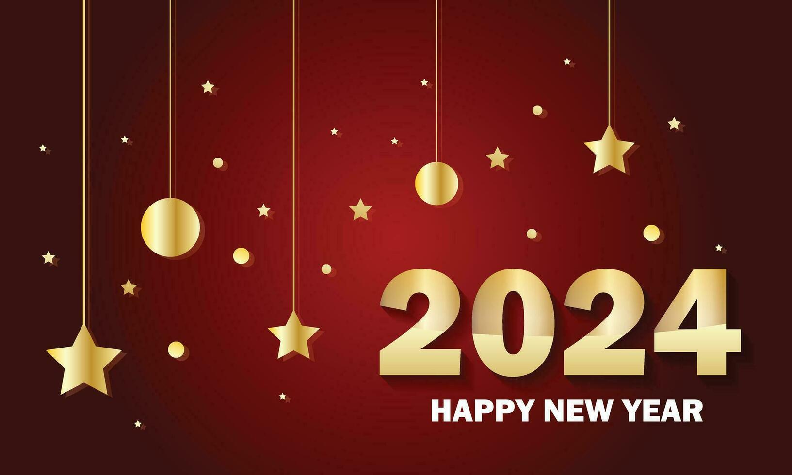 happy new year 2024 abstract greeting banner design. golden typography design with shadow effect and hanging dot star and gradient background. perfect for branding, banner, poster, cover, templates. vector