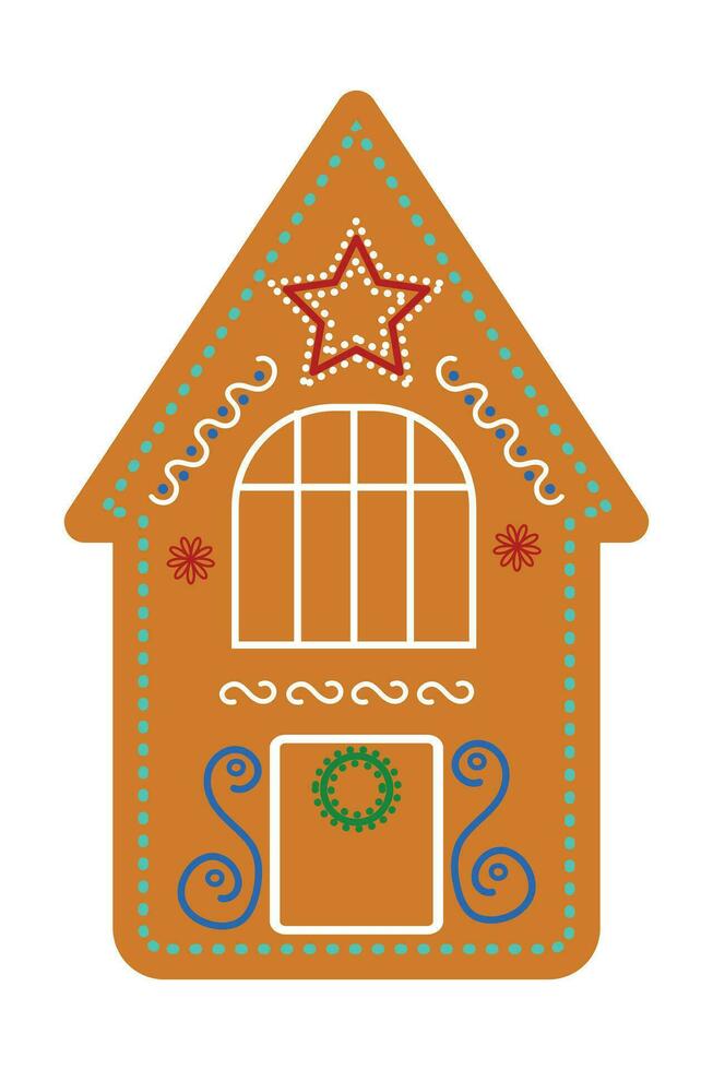 Gingerbread house with colored icing close-up on a white background. vector