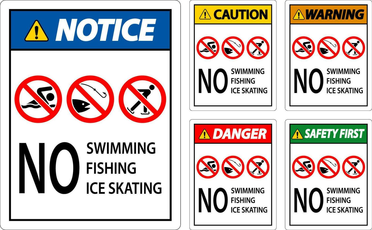 Prohibition Sign Warning - No Swimming, Fishing, Ice Skating vector