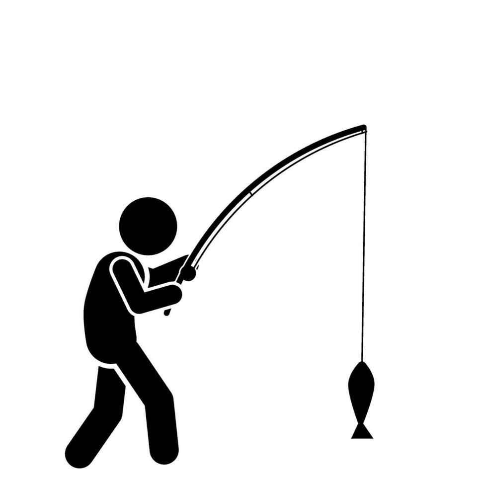 Fisherman silhouette with fishing rod on white background. Vector illustration.