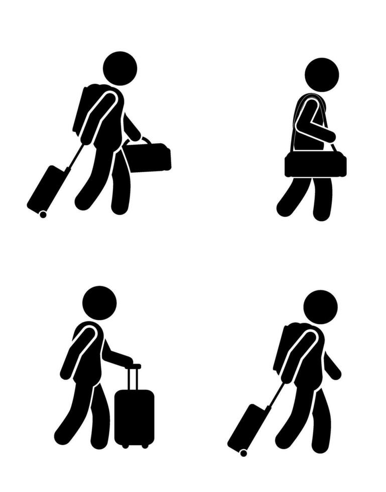 Vector silhouette of a man with a suitcase and bag on a white background.