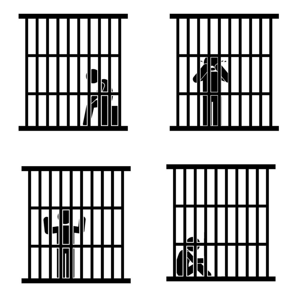 Silhouette of a prisoner in a cage. Vector illustration.