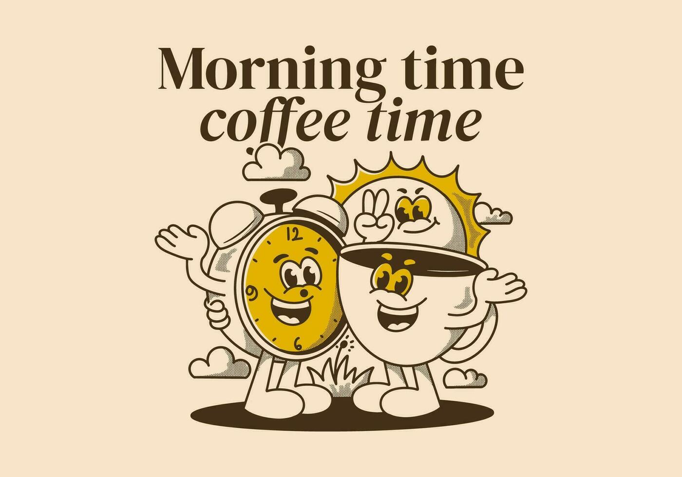 Morning time, coffee time. Mascot character of coffee cup, alarm clock and a sun vector