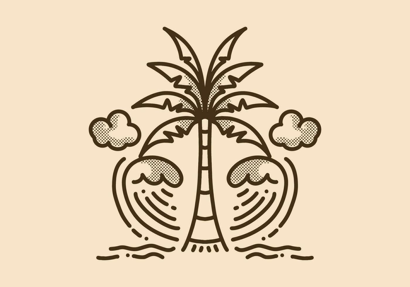 Summer beach, Let's join the waves. Line art illustration of coconut tree and waves vector